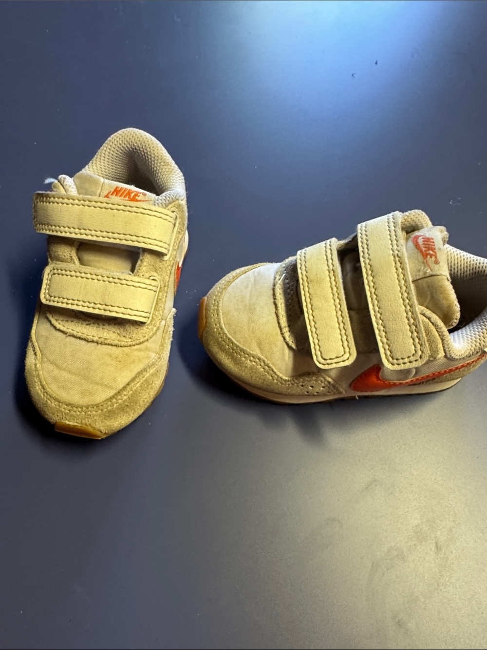 Nike Kids Tan Velcro Sneakers with Orange Swoosh Accent